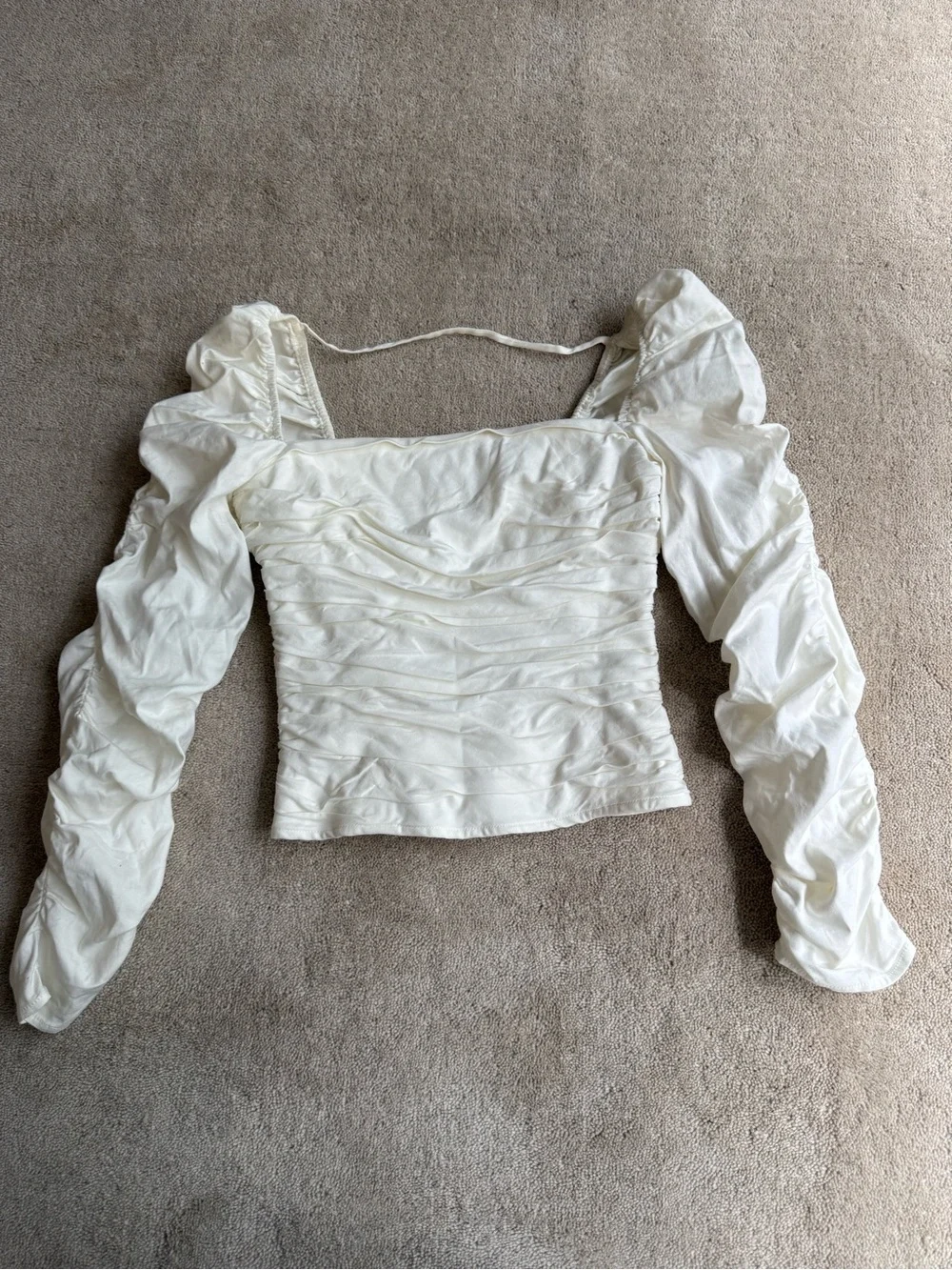 Reformation Ivory Ruched Square-Neck Puff Sleeve Top